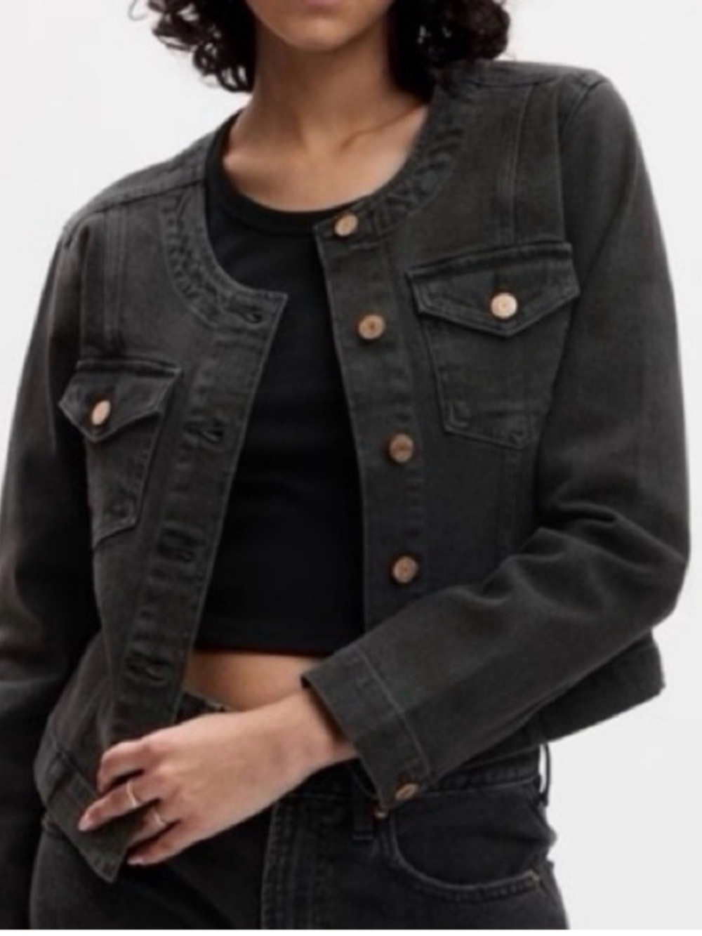 Gap collarless slightly cropped black jean jacket